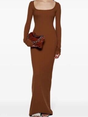 ETERNE MAXI DRESS LONG SLEEVE MODAL/COTTON SCOOP NECK BROWN S